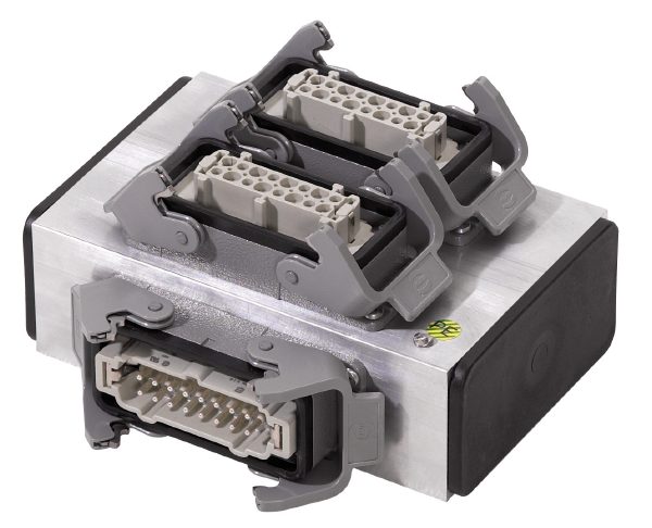 Lastverteilerbox Aluminium, Eingang 1 x Harting Han 16E, Ausgang 2 x Harting Han 16E, unverkabelt