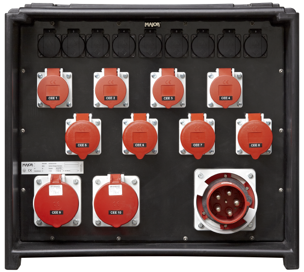 Mobile Power Distribution Cube L, CEE 125A auf 2 x CEE 63A, 4 x CEE 32A, 4 x CEE 16A und 9 x Schuko, abgesichert mit RCD und Leitungsschutzschaltern