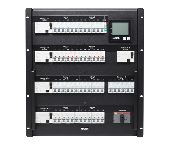 19" Stromverteiler 125A, 12HE, Out: 8x HAN16E, 6x Schuko (RCD), Messgerät