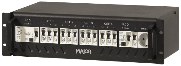 Stromverteiler 63A-16A, 3HE, CEE 63A auf 4 x CEE 16A, 2 x Schuko, RCD