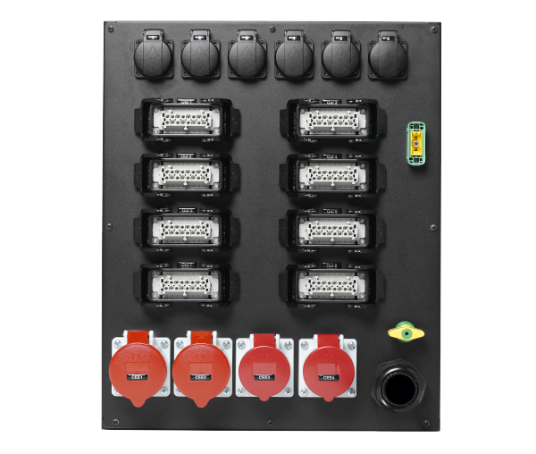 19" Stromverteiler 125A, 12HE, Out: 2x 32A, 2x 16A, 8x HAN16E, 6x Schuko (RCBO/RCD), Messgerät
