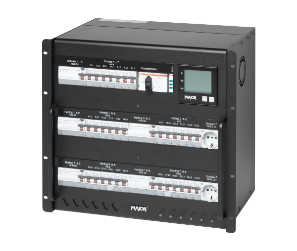 Stromverteiler 63A-8 Han, 10HE, CEE 63A auf 8 x 16-pol. Harting, 8 x Schuko, RCD, Multifunktions-Messgerät