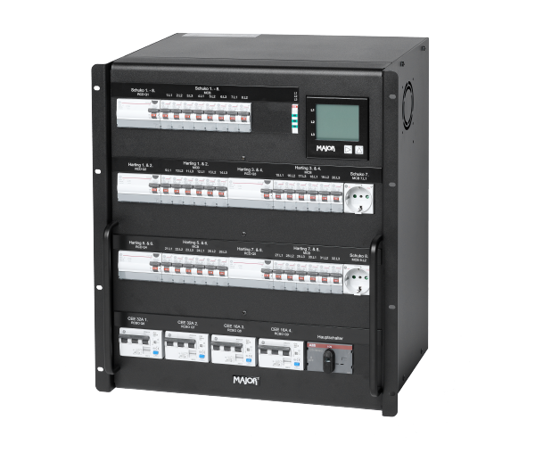 19" Stromverteiler 125A, 12HE, Out: 2x 32A, 2x 16A, 8x HAN16E, 6x Schuko (RCBO/RCD), Messgerät