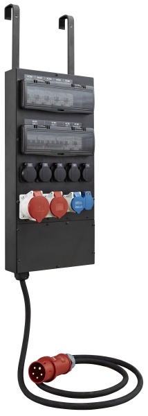 Mobile Power Distribution Exhibition L, Eingang CEE 32A, Ausgang 1 x CEE 32A, 1 x CEE 16A, 1 x CEE 16A 3-pol. blau, 6 x Schuko, RCBO FI/LS