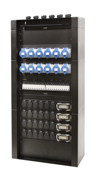 Versatzkasten 19", 28HE, bestückt mit 12 x CEE 32A 3-pol. blau, 24 x Schuko, 4 x Harting Han16E, 24 x Leitungsschutzschalter