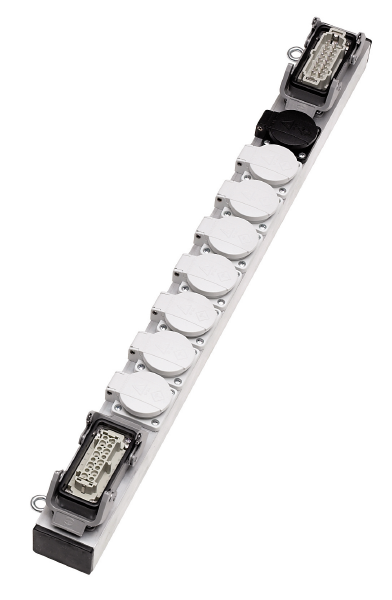 Slimline Lastverteiler Aluminium, Eingang 1 x Han 16E, Ausgang 8 x Schuko und 1 x Han 16E, verkabelt, silber