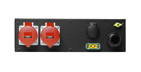 Stromverteiler 63A-32A, 3HE, CEE 63A auf 2 x CEE 32A, 2 x Schuko, RCD