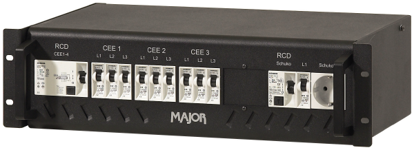 Stromverteiler 63A-32A/16A, 3HE, CEE 63A auf 1 x CEE 32A und 2 x CEE 16A, 2 x Schuko, RCD