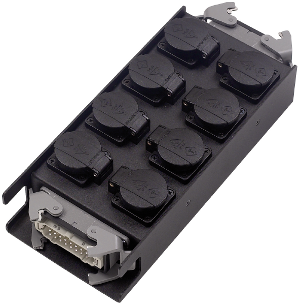Lastverteilerbox Metall, Eingang 1 x Harting Han 16E, Ausgang 8 x Schuko, 1 x Han 16E, verkabelt