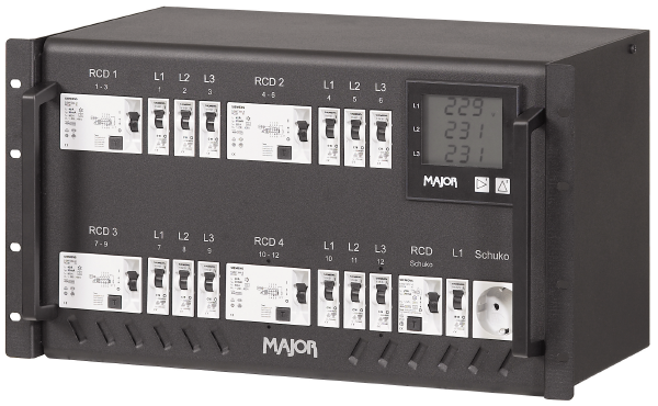 Stromverteiler 125A-32A, 6HE, CEE 125A auf 4 x CEE 32A, 3 x Schuko, RCD, Multifunktions-Messgerät