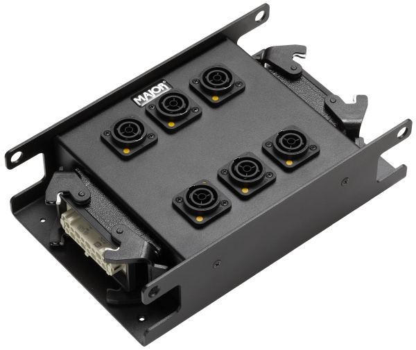 Lastverteilerbox Metall, Eingang 1 x Harting, Ausgang 6 x powerCON TRUE1 und 1 x Harting