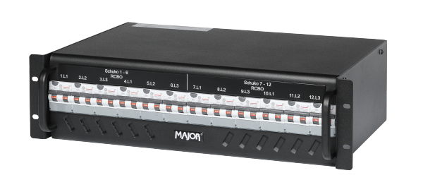 19" Stromverteiler 32A, 3HE, Out: 12x Schuko (RCBO)