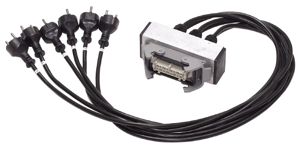 Splitbox, 6 x Schuko-Stecker auf 1 x Harting Han 16E female, Kabel je 3 x 2,5mm²