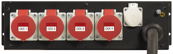 Stromverteiler 63A-16A, 3HE, CEE 63A auf 4 x CEE 16A, 2 x Schuko, RCD