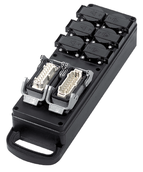 Lastverteilerbox Vollgummi, Eingang 1 x Harting Han 16E, Ausgang 6 x Schuko, 1 x Harting Han 16E, verkabelt