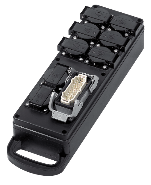 Lastverteilerbox Vollgummi, Eingang 1 x Harting Han 16E, Ausgang 8 x Schuko, verkabelt