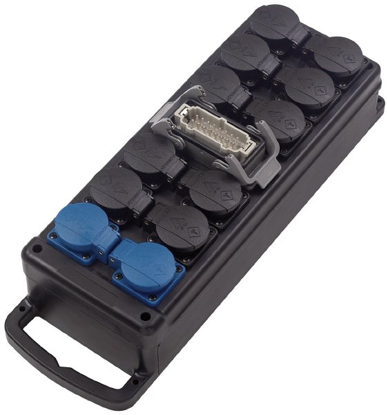 Lastverteilerbox Vollgummi, Eingang 1 x Harting Han 16E, Ausgang 12 x Schuko, 6-kanalig, verkabelt