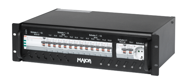 Stromverteiler 32A-12 Schuko, 3HE, CEE 32A auf 12 x Schuko, RCD