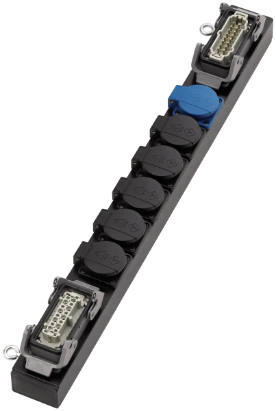Slimline Lastverteiler Aluminium, Eingang Harting Han 16E, Ausgang 6 x Schuko, 1 x Harting Han 16E, verkabelt, schwarz