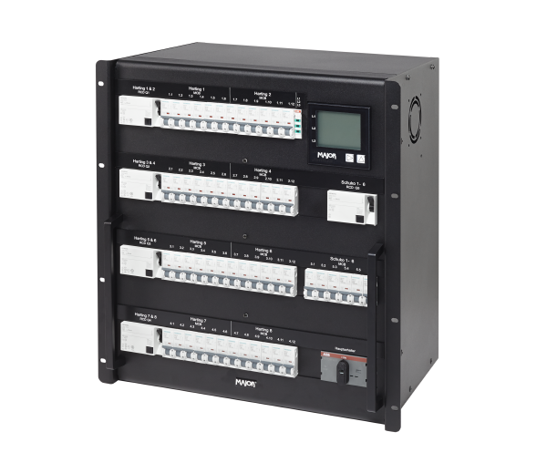 19" Stromverteiler 125A, 12HE, Out: 8x HAN16E, 6x Schuko (RCD), Messgerät