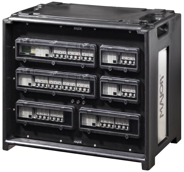 Mobile Power Distribution Cube L, CEE 125A auf 2 x CEE 63A, 4 x CEE 32A, 4 x CEE 16A und 9 x Schuko, abgesichert mit RCD und Leitungsschutzschaltern