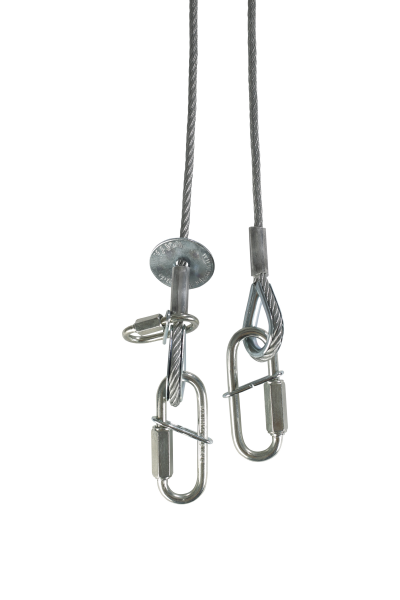 Sicherungsseil, 4mm, 1m, mit zwei Verbindungsgliedern 5mm Typ B (lange Ausführung), im Seil frei laufendes Verbindungsglied 3,5mm Typ A, silber, für Rainbow Geräte