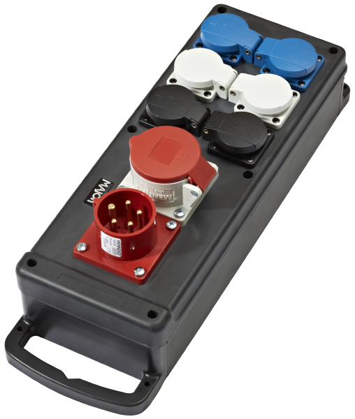 Lastverteilerbox Vollgummi, Eingang 1 x CEE 16A, Ausgang 3 x 2 Schukodosen und 1 x CEE 16A, verkabelt