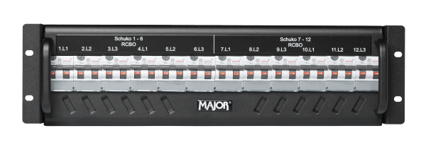 19" Stromverteiler 32A, 3HE, Out: 12x Schuko (RCBO)