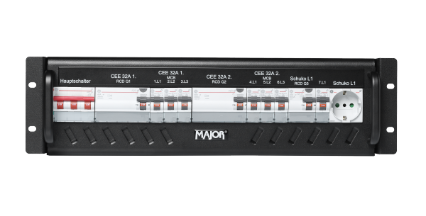Stromverteiler 63A-32A, 3HE, CEE 63A auf 2 x CEE 32A, 2 x Schuko, RCD