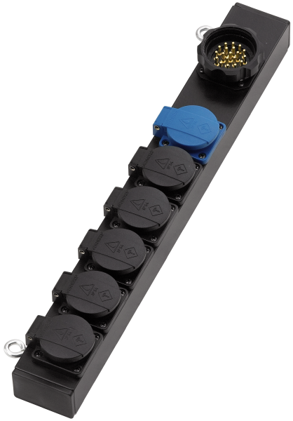 Slimline Lastverteiler Aluminium, Eingang 19-pol. Steckverbinder male, Ausgang 6 x Schuko, verkabelt, schwarz