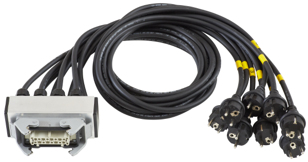 Splitbox, 8 x Schuko-Stecker auf 1x Harting Han 16E female, Kabel je 3 x 1,5mm²